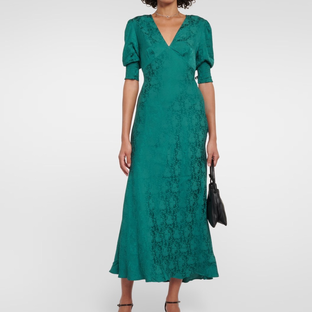 RIXO Green Puff Sleeve V-Neck A-Line Midi Dress
